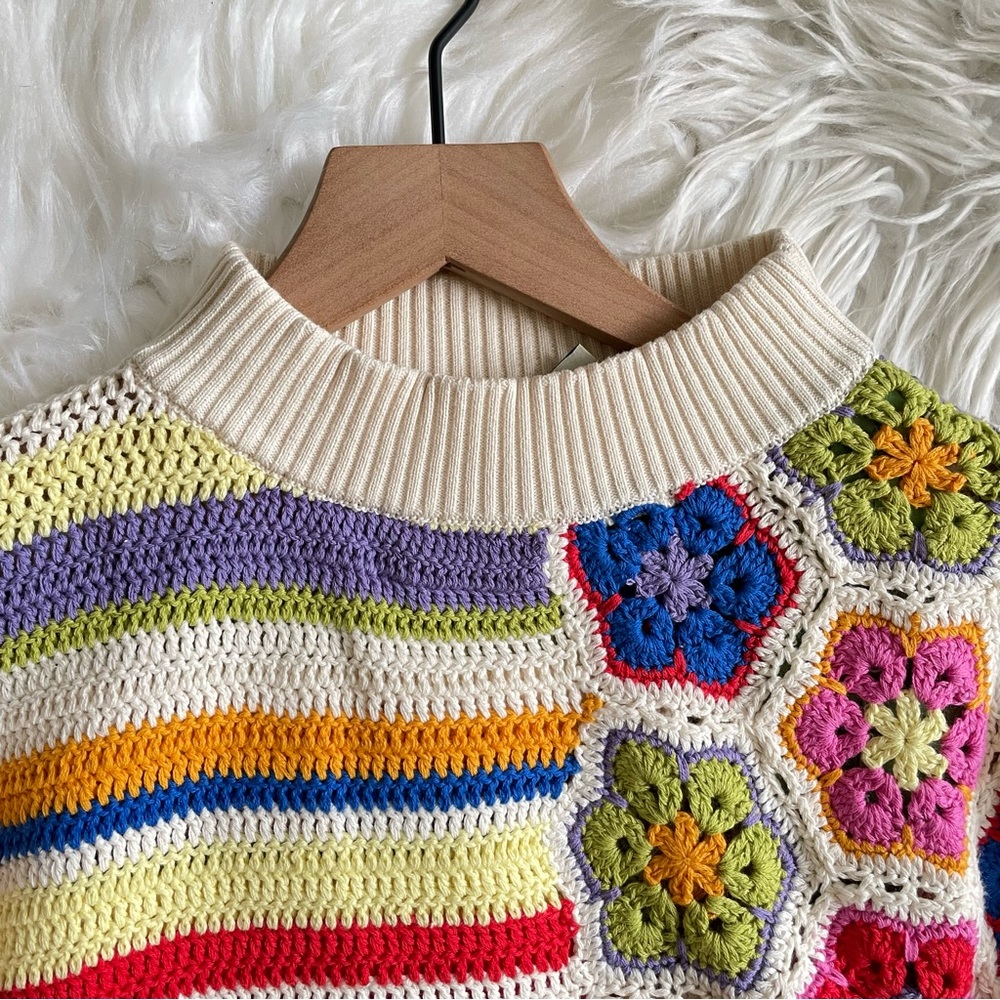 FARM Rio Rainbow Handmade Crochet Sweater Multicolor Mock Neck Women's Large NWT - Picture 10 of 16